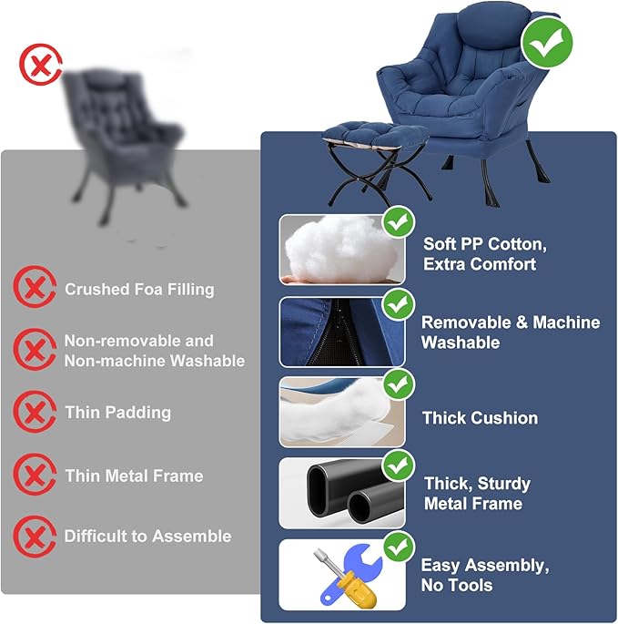 Lazy Chair with Ottoman Modern Accent Chairs with Folding Footrest Royal Blue Sofa Chair Set Comfortable Reading Chairs Oversized Armchairs for Bedroom Study Living Room Courtyard