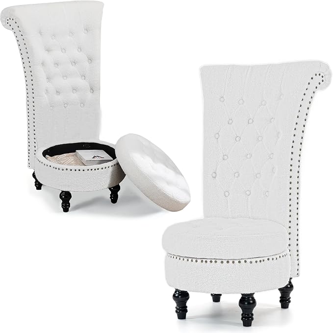 High Back Throne Royal Chair Set of 2 Velvet Armless Accent Chairs with Storage Nailhead Trim Solid Rubberwood Legs for Living Room Bedroom White