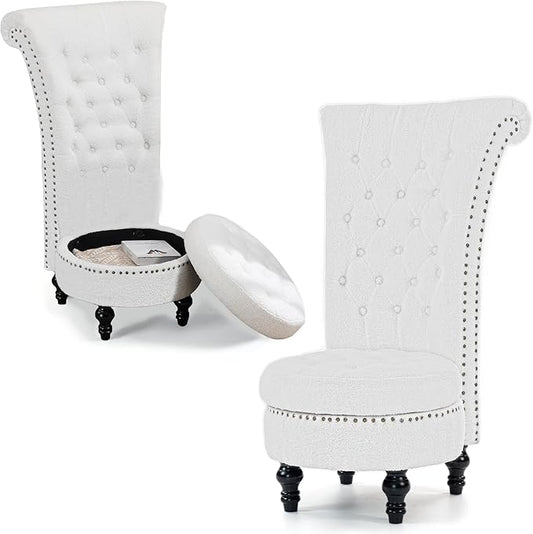 High Back Throne Royal Chair Set of 2 Velvet Armless Accent Chairs with Storage Nailhead Trim Solid Rubberwood Legs for Living Room Bedroom White