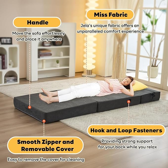 jela Foldable Sofa Bed Large Soft Foam Convertible Sleeper Chair Luxury Miss Fabric Fold Out Chair Bed Floor Couch with Back Support Floor Sofa for Living Room Bedroom (83x33Dark Gray)
