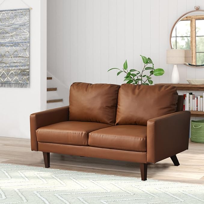 INSTORY Leather Loveseat Comfy Sofa Modern Couch with Wooden Legs for Living Room Office - Brown