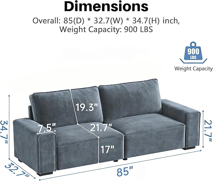 Vesgantti 85'' Chenille Couch for Living Room 3 Seater Comfy Sofa with Wide Armrest Thick Spring Cushions Modern Cloud Couch for Apartment Office Bedroom Small Space Chenille Light Grey
