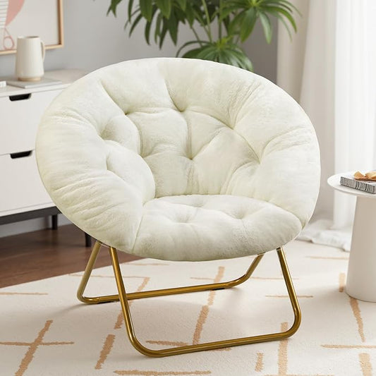 Sweetcrispy Saucer Chairs Comfy Folding Cozy Faux Fur Living Room Reading Lounge Chair with Soft Thick Padded Seat &amp Metal Frame Modern Style Bedroom Home Dorm for Kids Adults X-Large - Cream