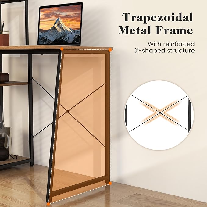 Tangkula Computer Desk with Shelves Space Saving Home Office Desk with 3-Tier Ladder Shaped Storage Bookshelf Modern Writing Study Desk with Metal Frame Compact Computer Workstation (Natural)