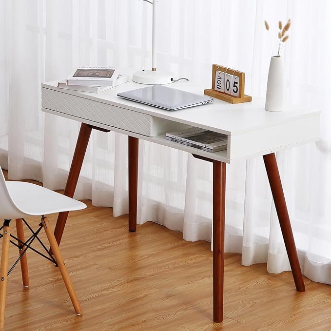 GarveeHome 42 in Mid Century Home Office Writing Desk Modern Simple Computer Desk with Drawer and Open Storage Cubby Small Vanity Table Desk for Bedroom White