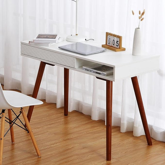GarveeHome 42 in Mid Century Home Office Writing Desk Modern Simple Computer Desk with Drawer and Open Storage Cubby Small Vanity Table Desk for Bedroom White