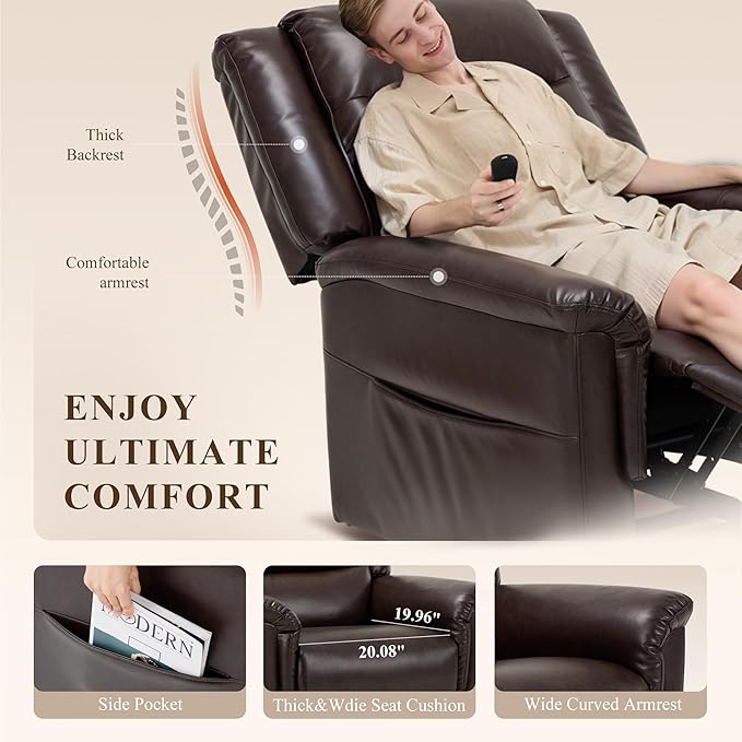COLAMY PU Leather Power Lift Chair with Massage and HeatElectric Lift Recliner Chair with Thick Cushioned Padding Backrest for Living Room Office Bedroom （Darkbrown）
