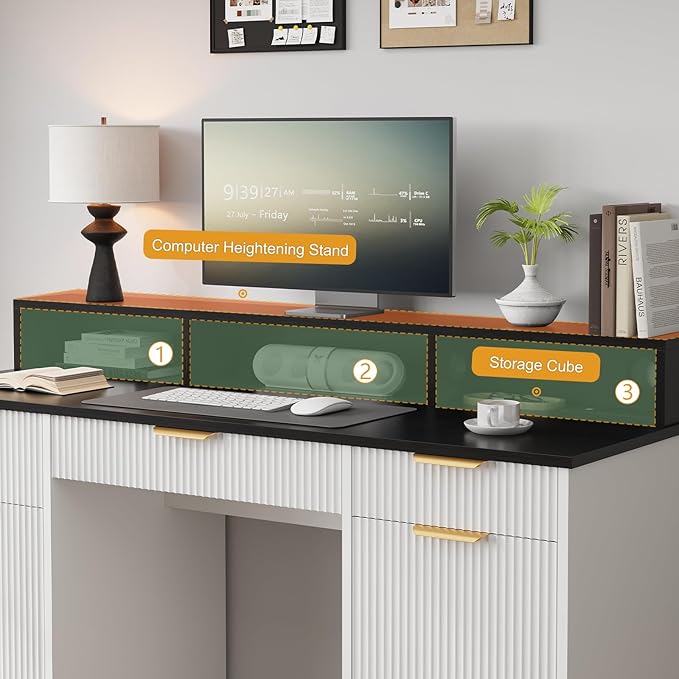 59 Executive Desk Fluted Office Desk with Power Outlets Long Monitor Stand Large Home Office Desks with 3 Drawers &amp 2 Storage Cabinet Computer Writing Desk for Study Bedroom White