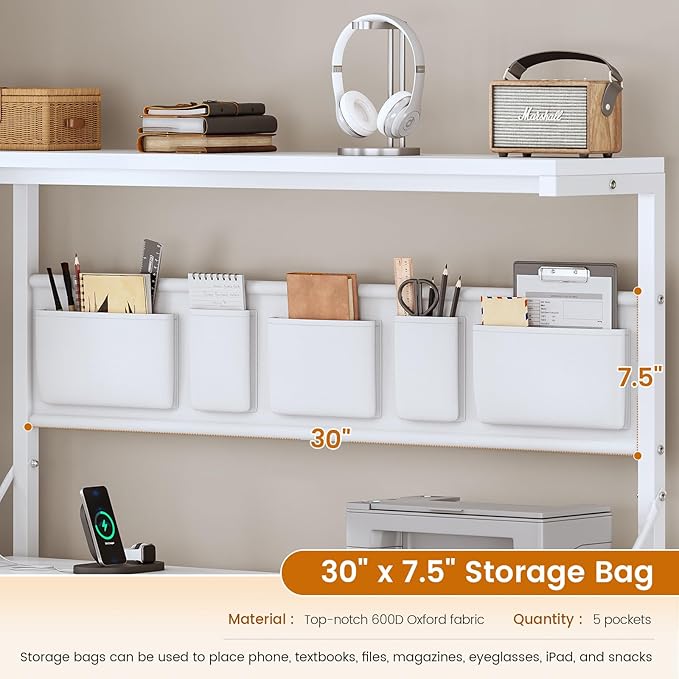 SEDETA Corner Computer Desk Reversible L Shaped Computer Desk with Fabric Drawers and Power Outlet 47.2” Gaming Desk with LED Lights Storage Shelves and Hutch White