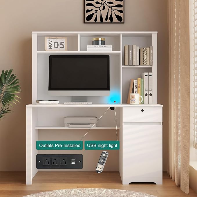 White Wood Executive Desk Teens Student Desk Writing Laptop Home Office Desk with Drawers3 AC Outlets and 2 USB Charging Ports