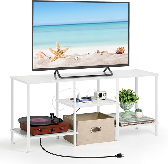 TV Stand for Bedroom up to 50 Inch Modern TV Stands with Power Outlets Small Entertainment Center with Storage 3 Tier TV Cabinet Console Table for Living Room Bedroom Office White