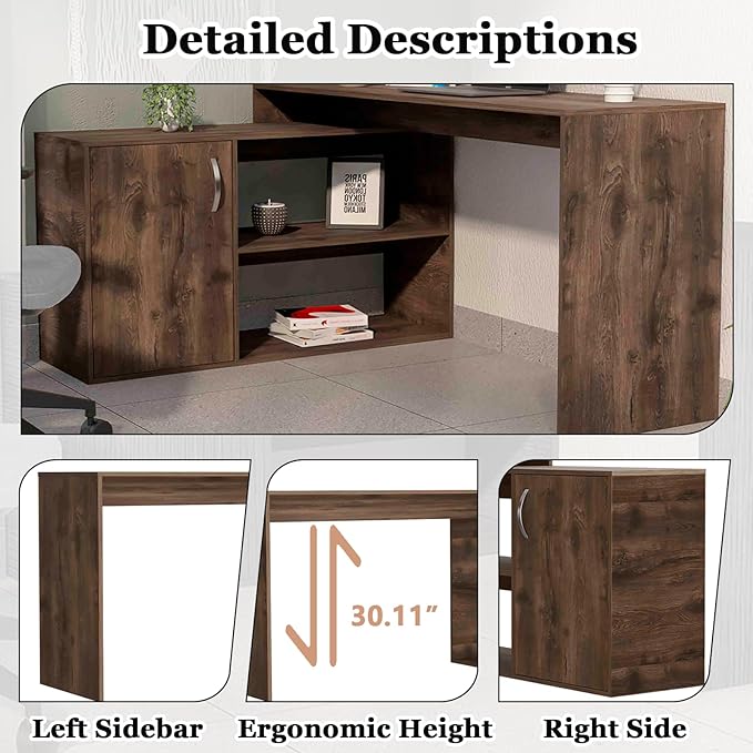 60 Inch Brown L Shaped Desk with Storage Large Computer Corner Home Office Desk with File Cabinet &amp 2 Storage Shelves Wood Corner Desk for Small Space Gaming Writing Work