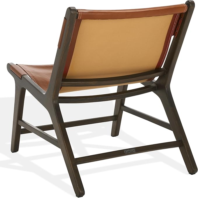SAFAVIEH Couture Collection - Alanarose Walnut Brown Solid Teak Wood Accent Chair Modern Sling Style Leather Seat Fully Assembled (SFV1903B)