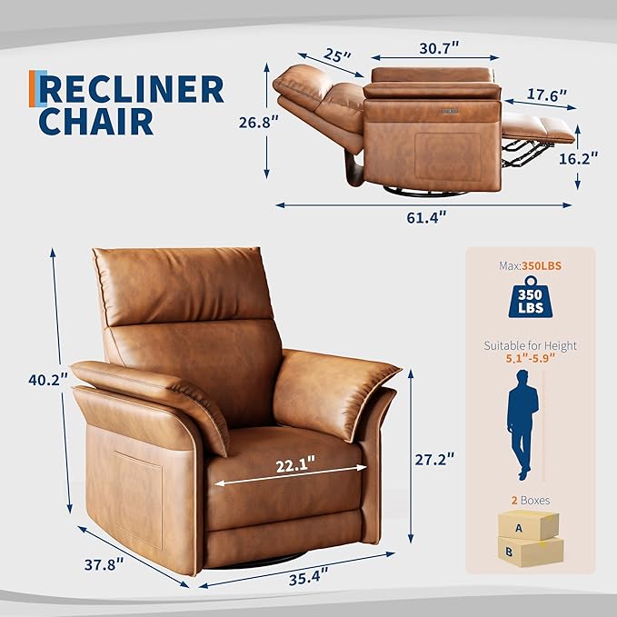 GarveeHome Power Recliner Chair 270 °Swivel Rocking Glider with USB Charging Port PU Leather Upholstered Fabric and Double-Layer Armrests Nursery Chair for Living Room Nursery (Wanult)