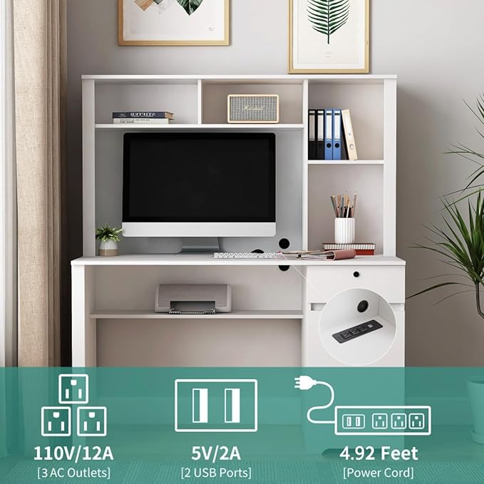 Hassyee Computer Desk with Hutch and Bookshelf Wood Writing Executive Desk with Drawers for Teens Student Home Office Desk with 3 AC Outlets and 2 USB Charging Ports (White)