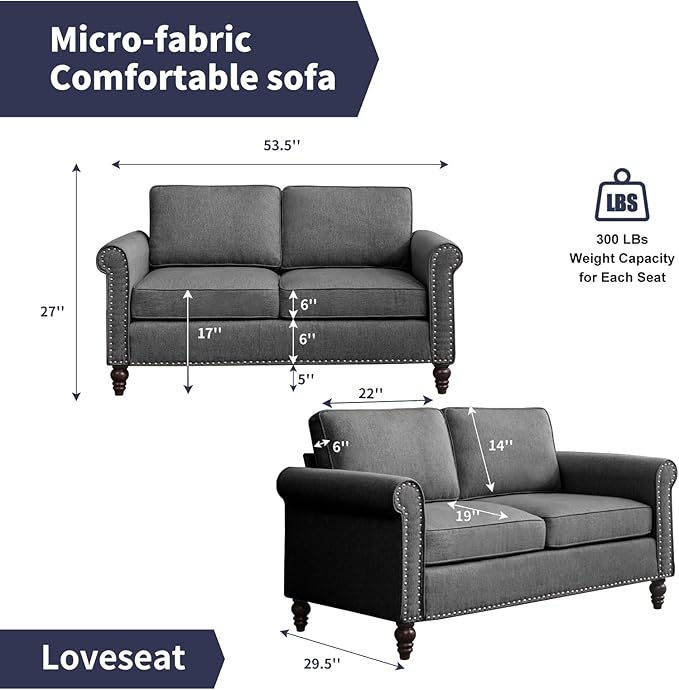 Loveseat Sofa Couches for Living Room 2 Sofa Seat for Small Spaces Mid Century Modern Couch with Armrest and Backrest Soft Cushion Sofa for Home/Office/Apartment - Dark Grey