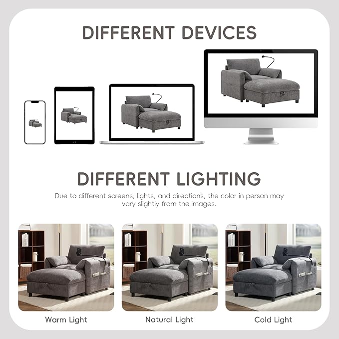 Oversized Accent Chair with Ottoman Chaise Lounge Chair with Phone Holder USB Charger Side Pockets Chenille Reading Armchair for Living Room Bedroom Home Theater (Gray)