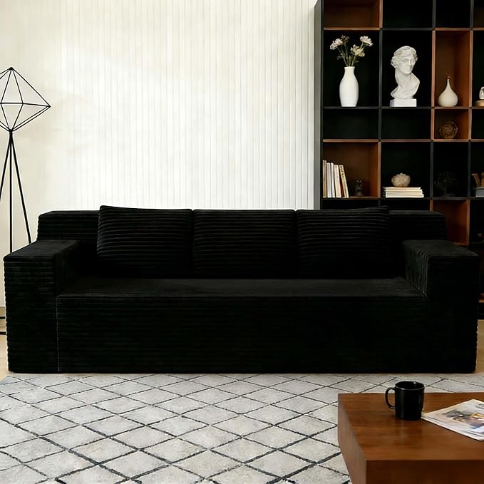 71 Small Boneless Couch Corduroy 3 Seater Couch for Living Room with 3 Pillows &amp Armrests Deep Seat Sofa for Small Spaces Apartment﻿ (Antique Black) | Small Boneless Couch