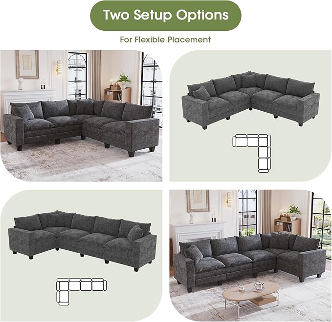 97 L Shaped Sectional Couch Comfy Chenille Cloud Couch 5 Seat Modular Cloud Sofa with 2 Pillows &amp Storage Armrests Convertible V Shaped Corner Couch Sectional Couches for Living Room Grey