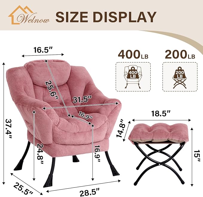 Welnow Lazy Chair with Ottoman Modern Accent Chair with Armrests and a Side Pocket Leisure Sofa Armchair Set Reading Armchair with Footrest for Small Space Plush Dark Pink
