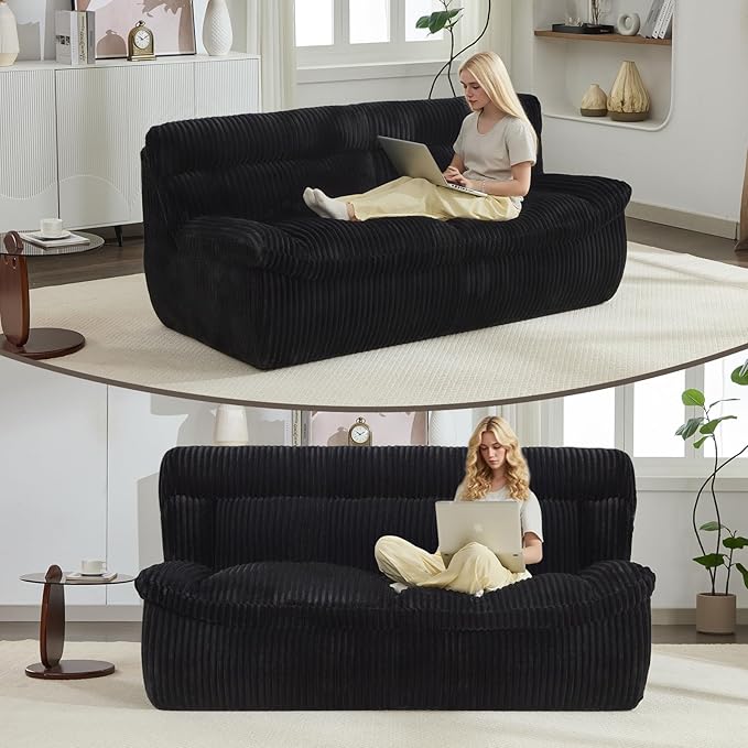 82'' Boneless Corduroy Loveseat Sofa for Living Room Oversized Cloud 2-Seater Couch with Deep Seat Black Corduroy Couches Compressed Sofa in a Box for Living RoomNo Assembly Couch