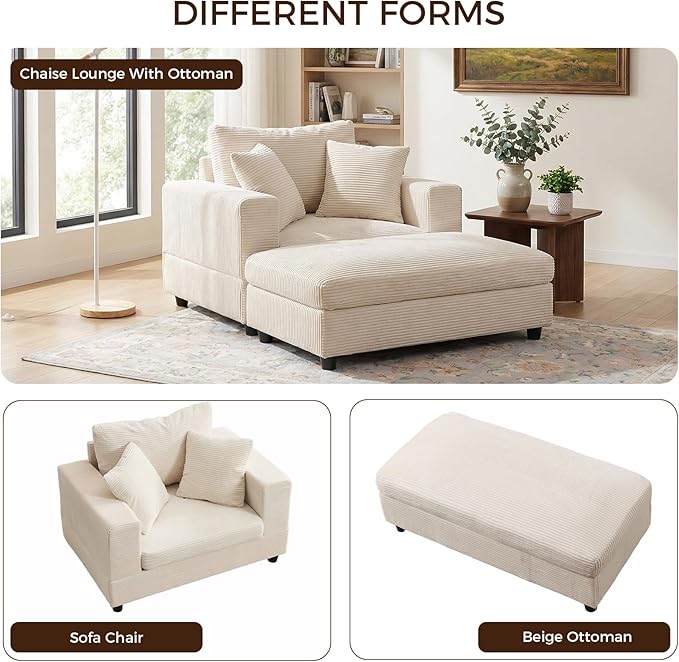 Chaise Lounge Chair Indoor54 Inch Large Corduroy Chaise Lounges Chair with Ottoman &amp 3 Pillows Deep Seat Upholstered Comfy Sleeper Chairs for Living RoomBedroomOffice (Beige)