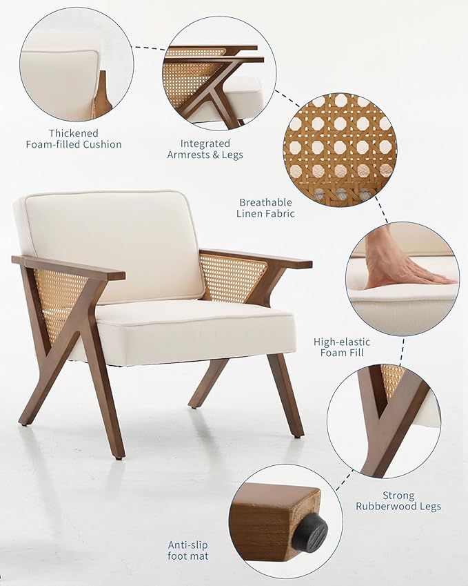 Linen Upholstered Accent Chair Mid Century Modern Vintage Rattan Vanity Chair with Wood Armrest and Legs for Living Room BedroomBeige