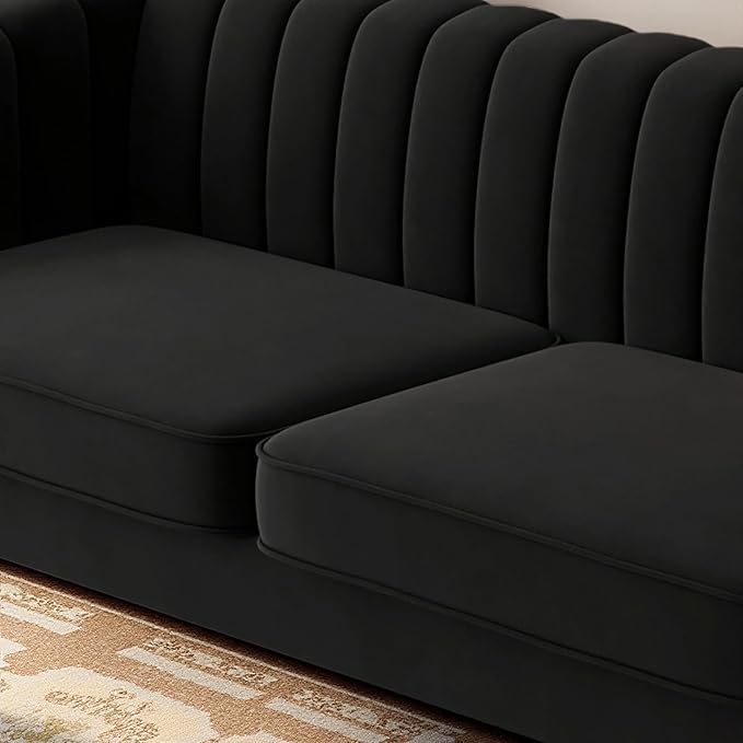 KEIKI 84 Velvet Sleek Channel-Tufted Sofa with Armrest and Back Cushions Minimalist Style Gold Accents 3-Seater Upholstery Couch with Solid Legs Easy Assembly for Living Room Apartment Black