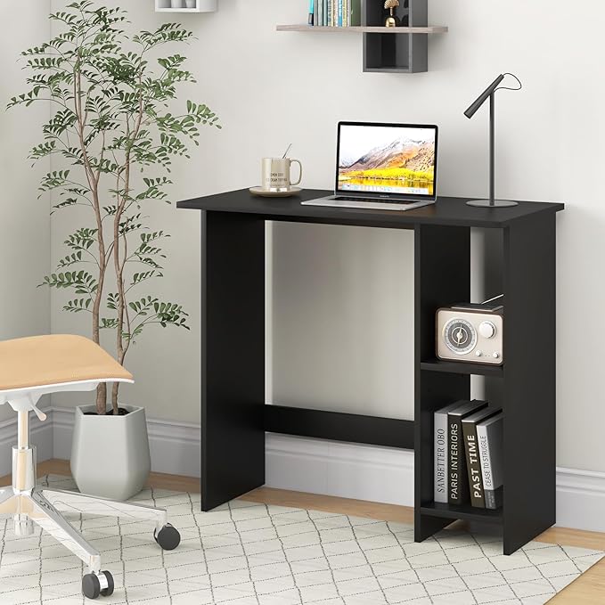 Tangkula Computer Desk with Storage Shelves Modern Small Writing Desk with Adjustable Shelf Space Saving Laptop PC Desk with Anti-Toppling Kit Wooden Kid’s Study Desk (Black)