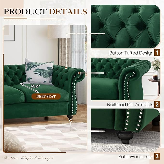 61W Mid Century Modern Chesterfield CouchUpholstered Velvet Loveseat Sofa with Button Tufted &amp Rolled ArmrestsComfy Deep Seat Sofa with Nailhead Trim &amp Gourd Legs for Living RoomApartment(