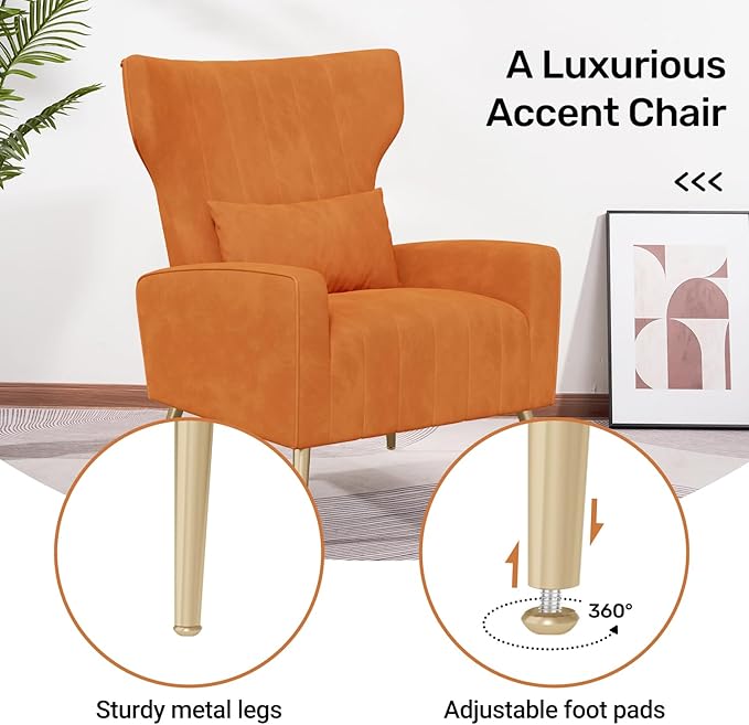 Velvet Accent Chair Set of 2Wingback for Living Room High Back Arm Chair with Golden Legs Lumbar Pillow Upholstered Single Sofa Bedroom Orange