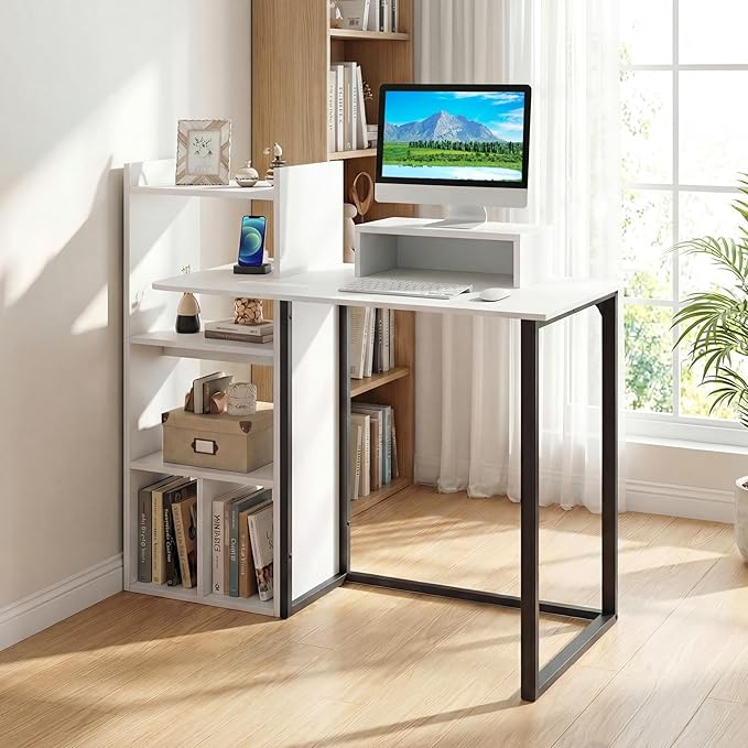 Tangkula Computer Desk with Charging Station 43.5 Study Desk with Ergonomic Monitor Stand &amp Storage Shelves Corner Writing Desk with Metal Frame Modern Home Office Computer Workstation