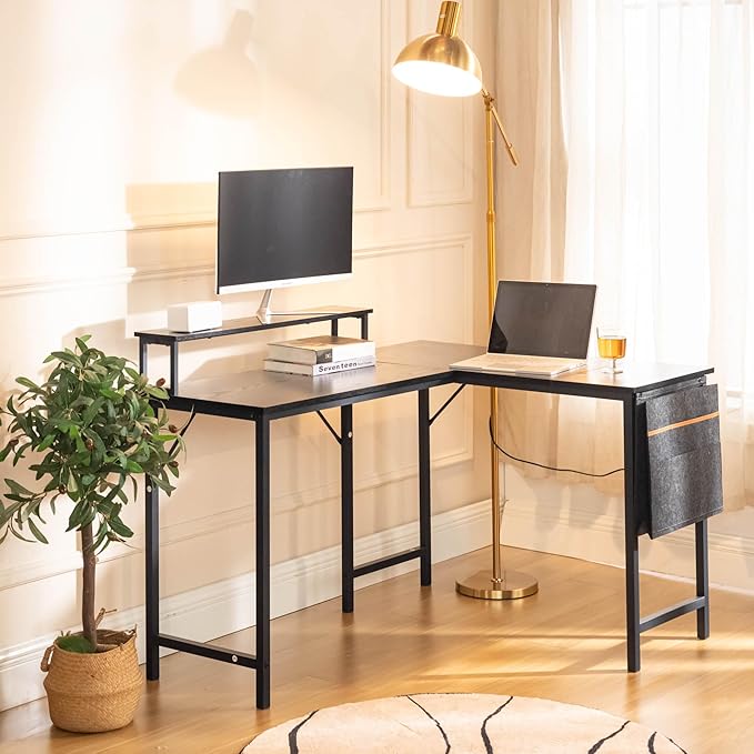 Homy Casa 48.8-Inch L-Shaped Computer Desk with Storage Bag and Desktop Rack – Durable Metal Frame Ample Storage Ideal for Home Office or Studio Use (Black)
