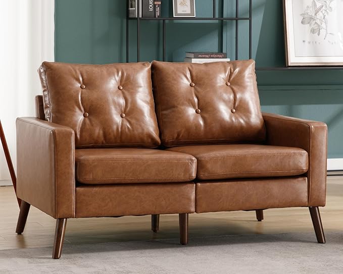 VESCASA 53 W Faux Leather Loveseat Sofa with Button Tufted Back Mid Century Modern Upholstered 2 Seater Small Sofa Couch with Wood Legs PU Leather Love Seats for Living Room/Bedroom Caramel