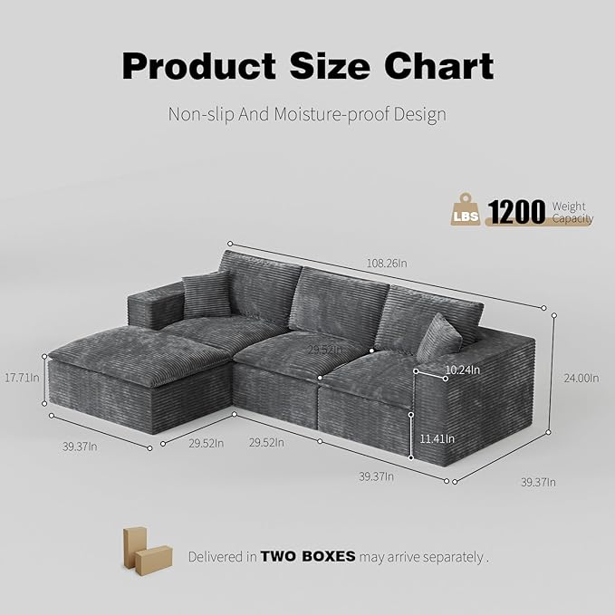 108 Boneless Compression Sectional Sofa L-Shape Interchangeable Chaise Deep Seat with High-Resilience Foam Soft Corduroy Upholstery No Assembly Needed for Living Room Bedroom