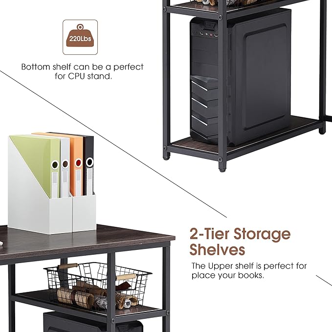 ivinta Computer Desk Home Office Desk with Storage Shelves and Metal Frame for Living Room Bedroom Office Whale (Brown 55)