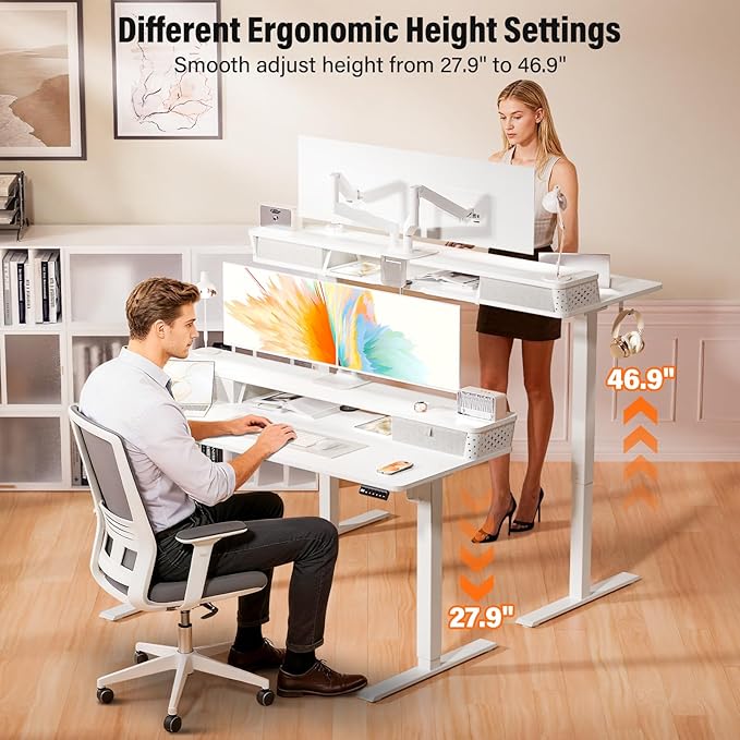 Kingant 55 x 24 Inch Electric Standing Desk with Dual Drawers Height Adjustable Sit to Stand Computer Desk with Storage Shelf and C-Clamp Mount Compatibility for Home Office White