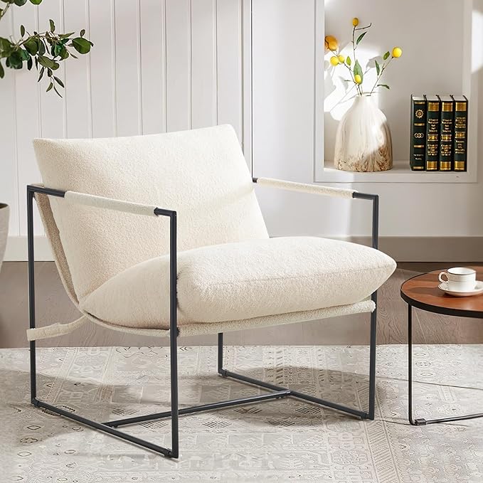 Furnilivng Large Sling Accent Chair Comfortable Boucle Fabric Arm Chair Upholstered Cozy Reading Chair for Living Room Bedroom Dressing Room Home Office White