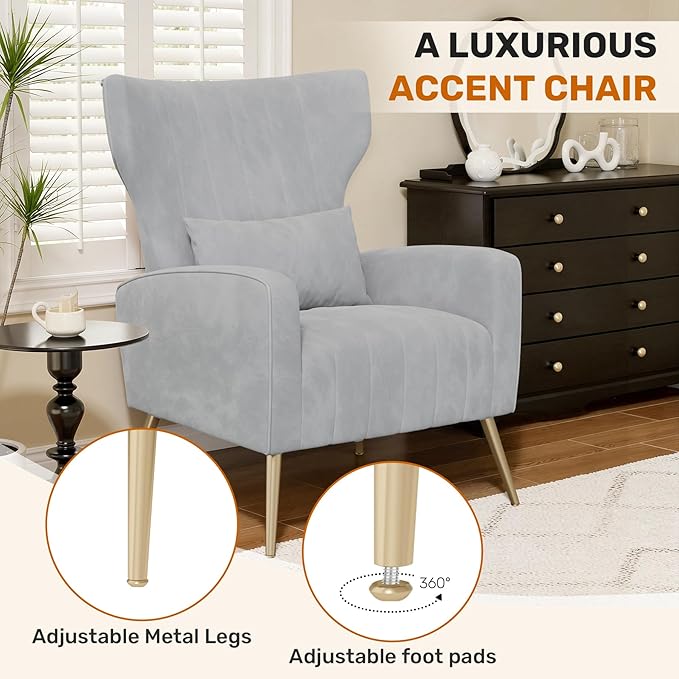 Velvet Accent Chair Wingback for Living Room High Back Arm Chair with Golden Legs Lumbar Pillow Upholstered Single Sofa Bedroom Light Gary