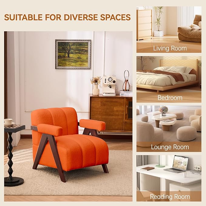 Accent Chair Mid-Century Modern with Wide Backrest for Bedroom Upholstered Living Room Chair with Wooden Lounge Armchair with Thick Cushion Cute Teddy Comfy Chair Orange
