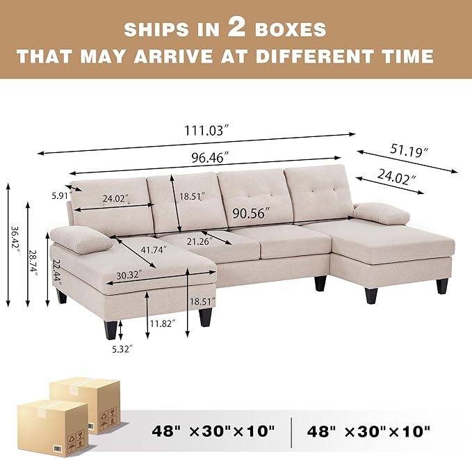 111 Sectional Couch for Living Room Modern Polyester Fibre U Shaped Sofa Couches with Double Chaise Upholstered 4 Seater Sofa for Living Room Apartment Office Beige
