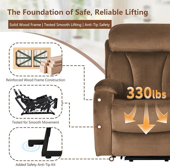 cinkehome Small Power Lift Recliner for Elderly Lift Chair Recliners Electric Recliner Chairs for Seniors Remote Control Adjustable Side Pocket (Velvet Brown)