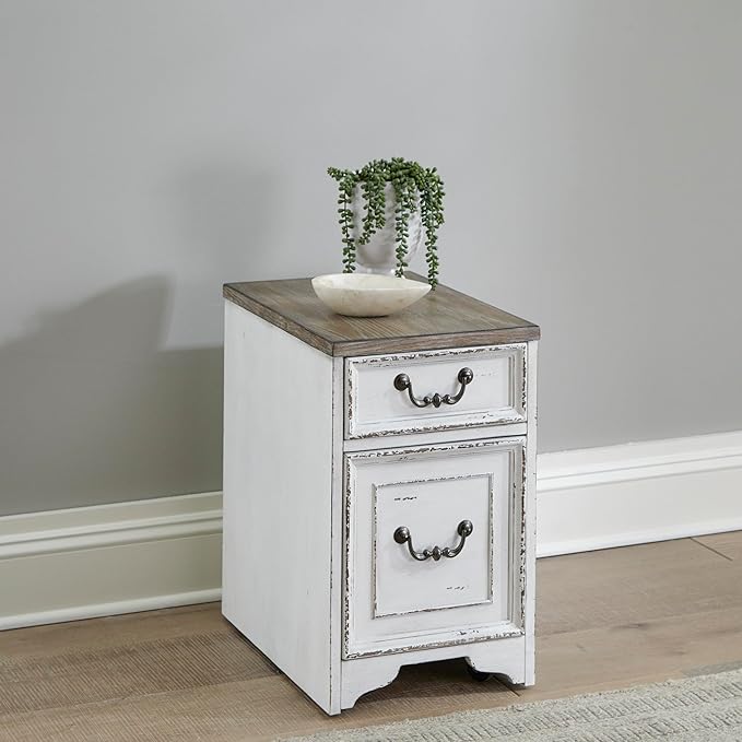 Liberty Furniture Magnolia Manor 4 Piece Opt L Shaped Writing Desk Set Keyboard Tray European Traditional Home Office - Antique White &amp Weathered Bark Oak Wood