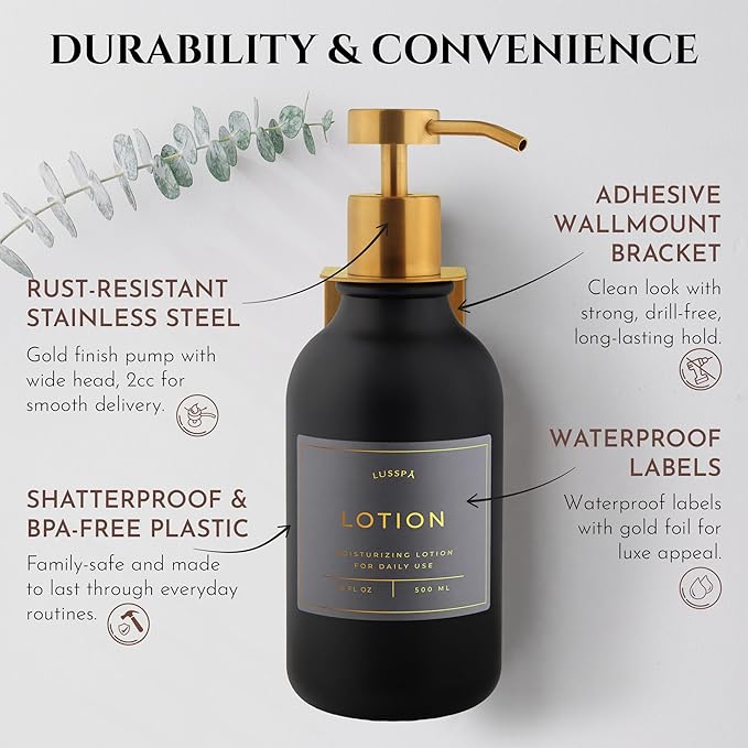 Shower Shampoo Dispenser Wall Mounted – 3 Refillable 16.9 oz Black Bottles with Stainless Steel Pumps &amp No-Drill Adhesive Holders – Soap Dispenser Set for Bathroom (3 X Black/Gold)
