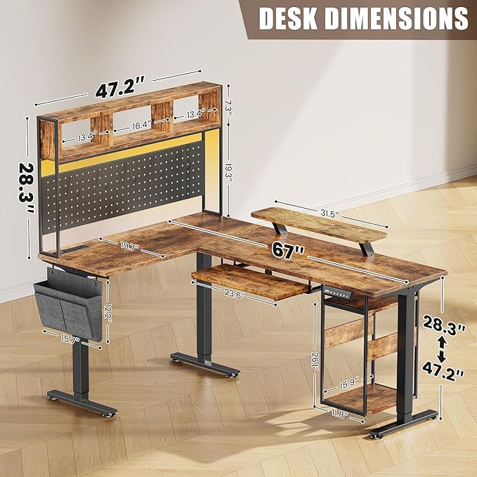 Flycity Electric L Shaped Standing Desk Adjustable Height 67 x 47 Corner Computer Desk with Host Shelf Gaming Desk with LED Lights &amp Power Outlet Dual Motor Home Office Desk with Storage Bro