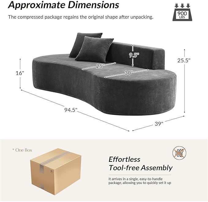 94.5 Modern Curved Sofa 3-Seater Comfy Foam Couch with 2 Pillows Frameless &amp No Assembly Required Cloud Couch for Living Room Charcoal