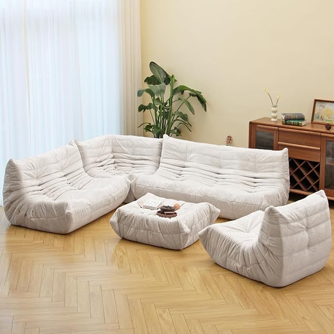 N&ampV Fireside Chair Mid Century Armless Floor Sofa Soft Premium Chenille Floor Lounge Chair Foam Sofa Accent Chair for Living Room Bedroom and Office (White Single)