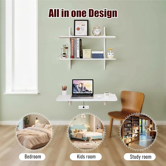 Pmnianhua Wall Mounted Folding Table 31'' Floating Laptop Desk with Shelves Foldable Drop Leaf Table Wall Mount Fold Down Table for Laundry Room Kitchen Bar Home Office Small Space(White)