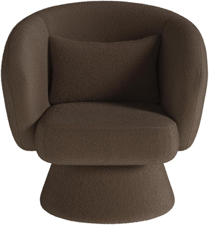 Swivel Accent Chair Modern Upholstered Barrel Chair with 360° Swivel Soft Teddy Fabric &amp Extra Lumbar Pillow Stylish Round Accent Chair for Living Room Bedroom Nursery – Brown1PC