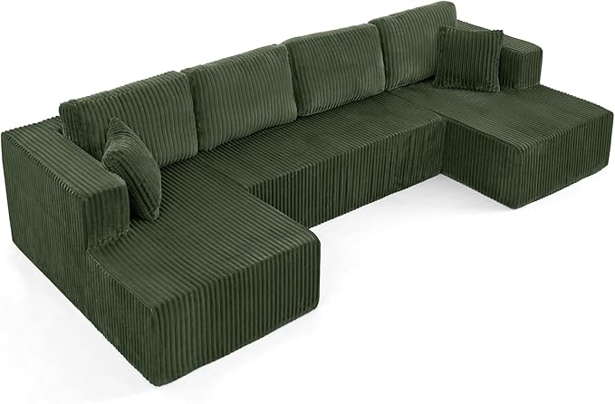 Cloud Couch U-Shaped Sectional Sofa 132.5'' Modular Boneless Couches for Living Room Corduroy Deep Seat Sofa with 2 Chaise Lounges and 1 Loveseat No Assembly Required (Green U Shape)